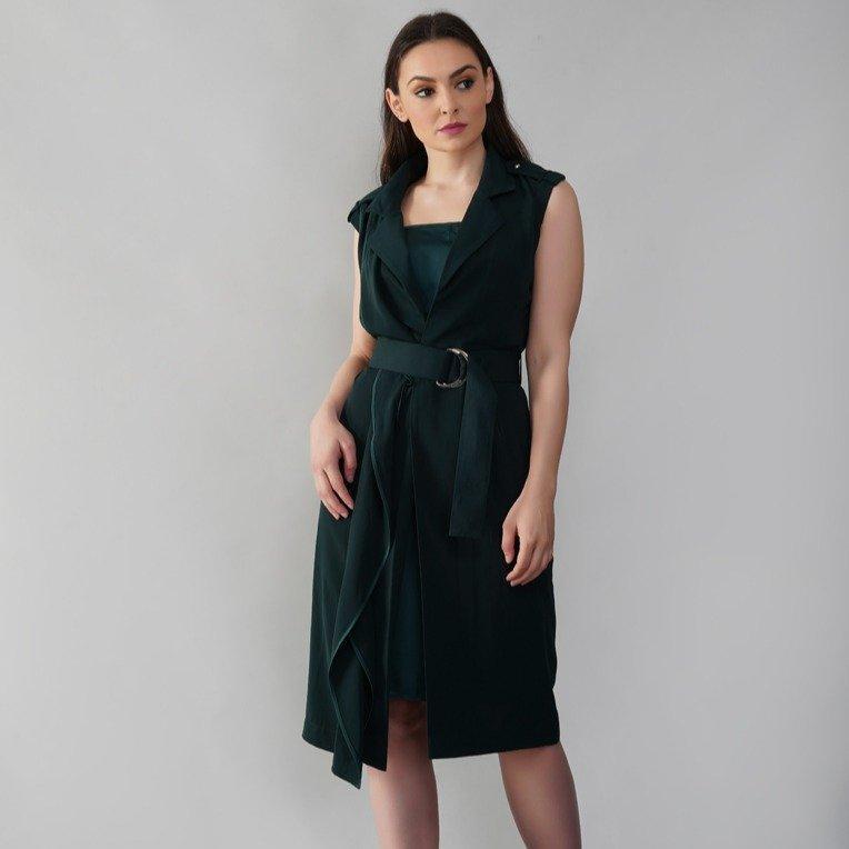 Emerald Belted Midi Dress With Slip