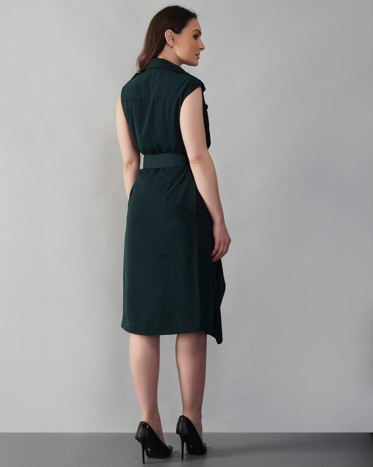 Emerald Belted Midi Dress With Slip