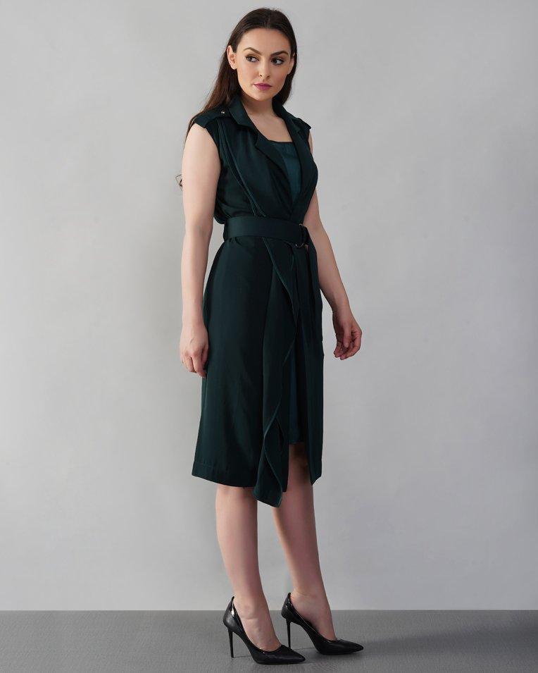 Emerald Belted Midi Dress With Slip