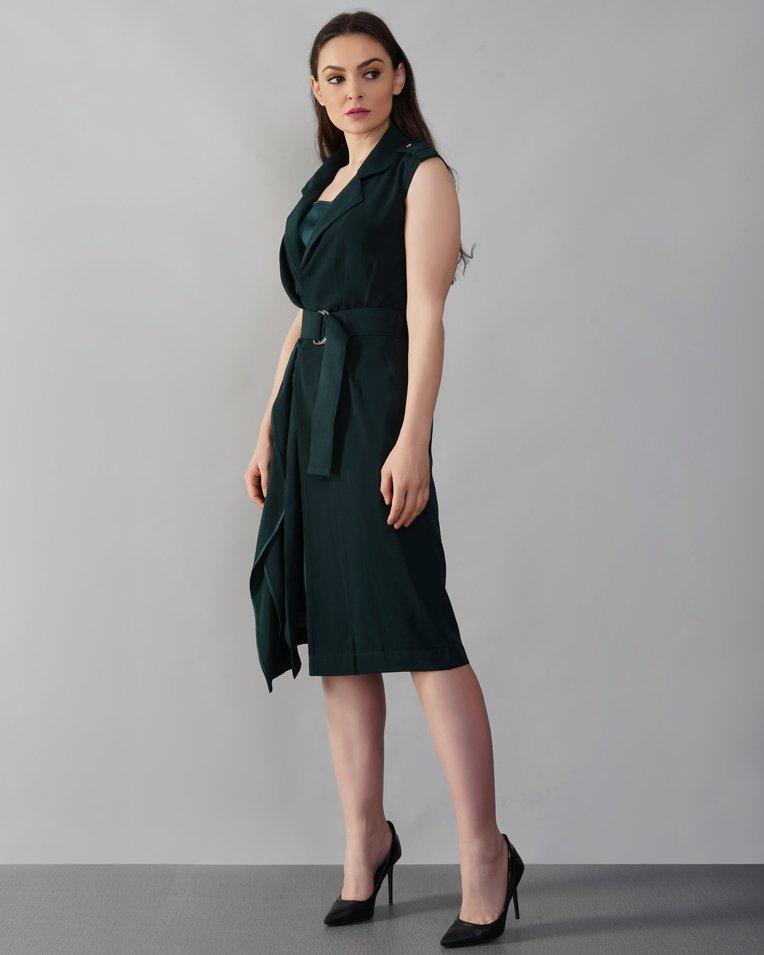 Emerald Belted Midi Dress With Slip